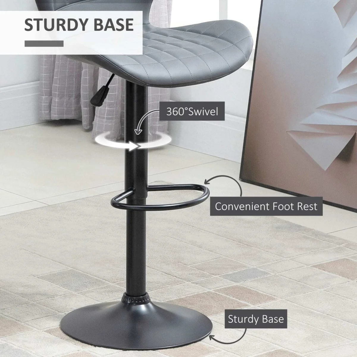 Patari Set of 2 Grey Faux Leather Adjustable Swivel Bar Stools with Backrest and Footrest – image 6