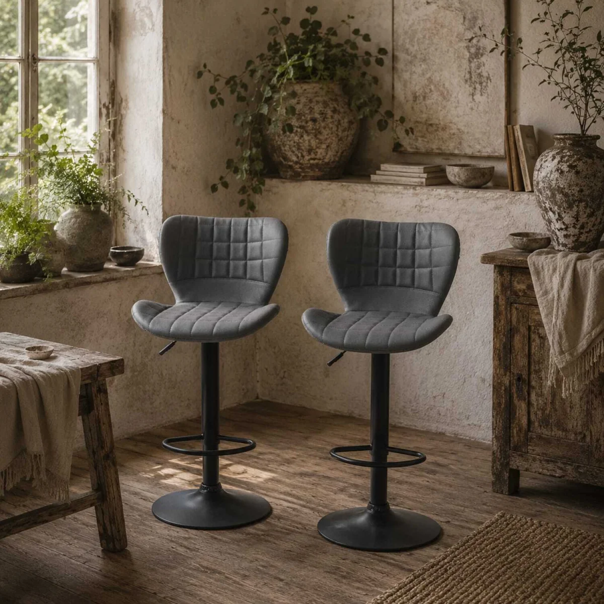 Patari Set of 2 Grey Faux Leather Adjustable Swivel Bar Stools with Backrest and Footrest – image 1