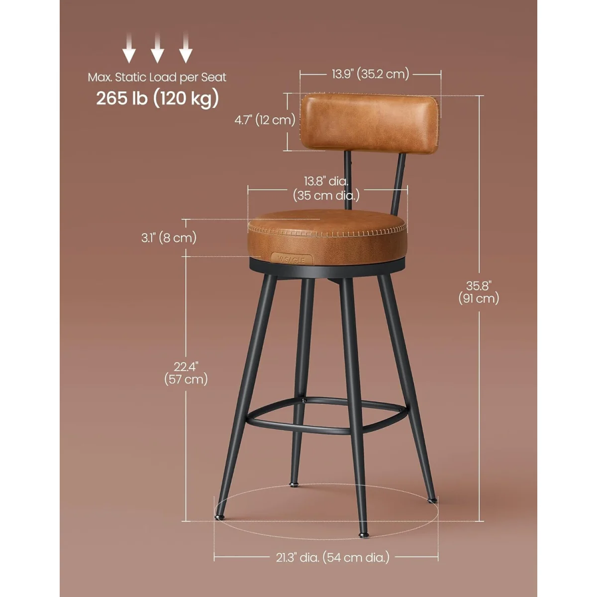 Set of 2 Swivel Bar Chairs with Backrest PU Leather, Brown - Caramel Brown – image 3