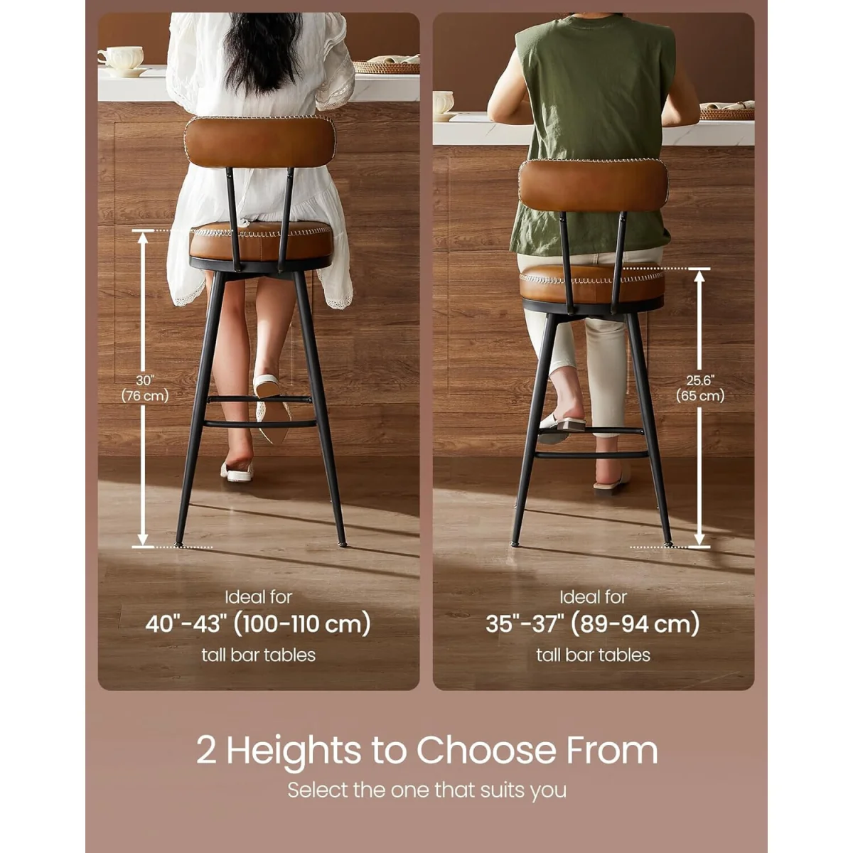 Set of 2 Swivel Bar Chairs with Backrest PU Leather, Brown - Caramel Brown – image 7