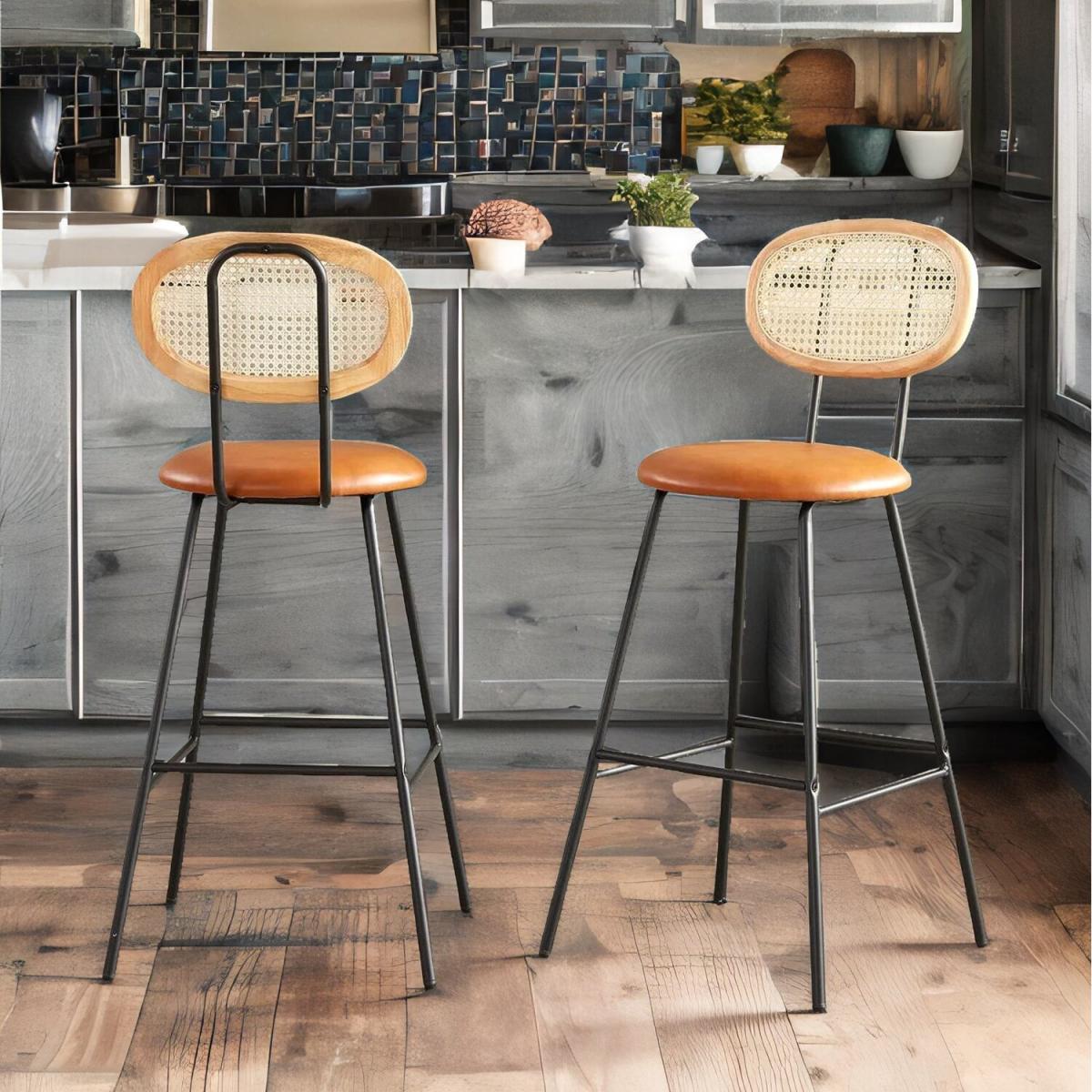 Set Of 2 Faux Leather Bar Stools - Rustic Brown