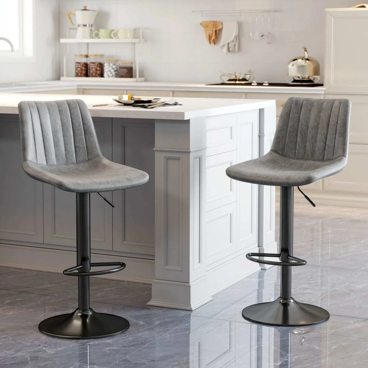 Doneha Faux Leather Grey Adjustable Breakfast Bar Chairs Set Of 2 With Upholstered Seats – image 4