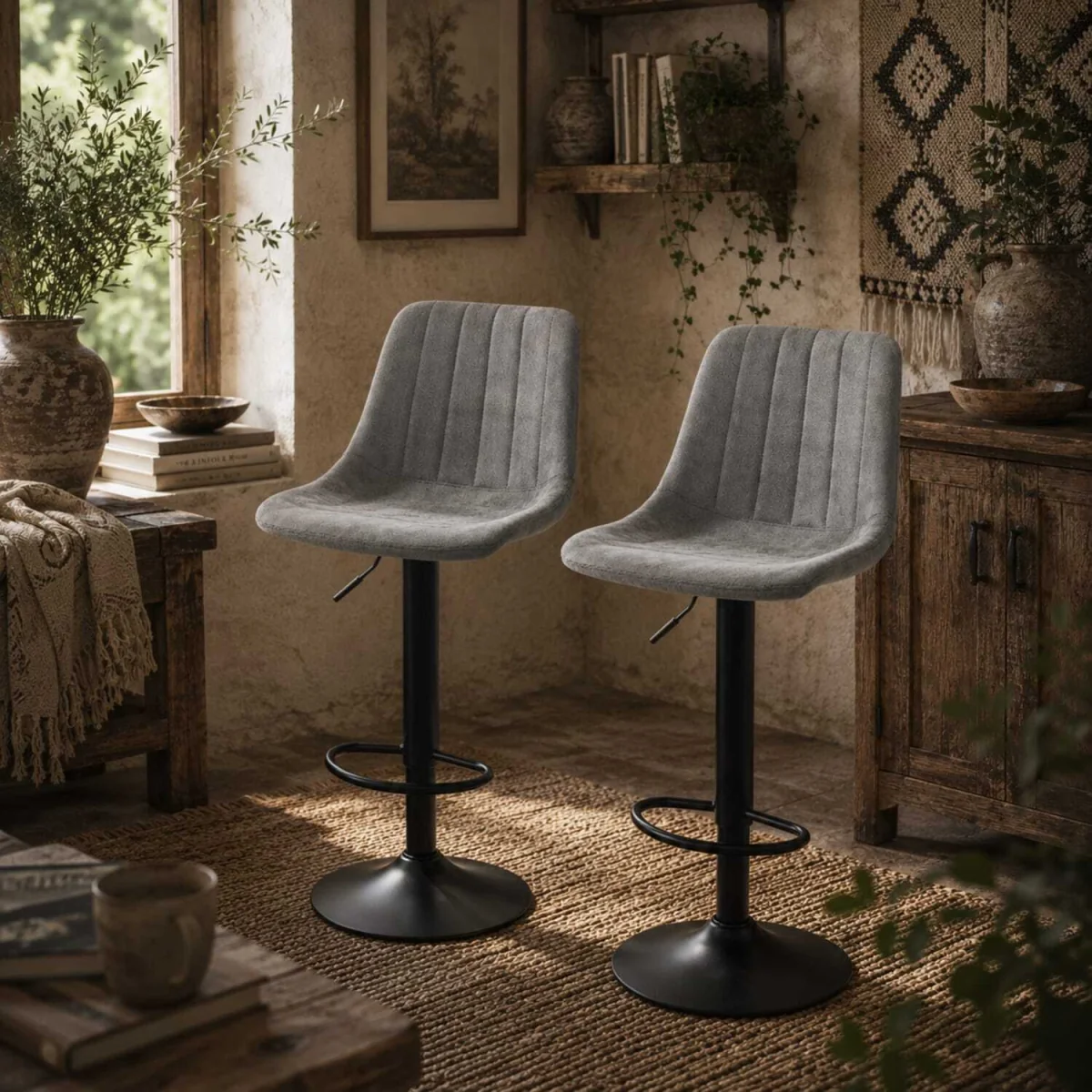 Doneha Faux Leather Grey Adjustable Breakfast Bar Chairs Set Of 2 With Upholstered Seats – image 1