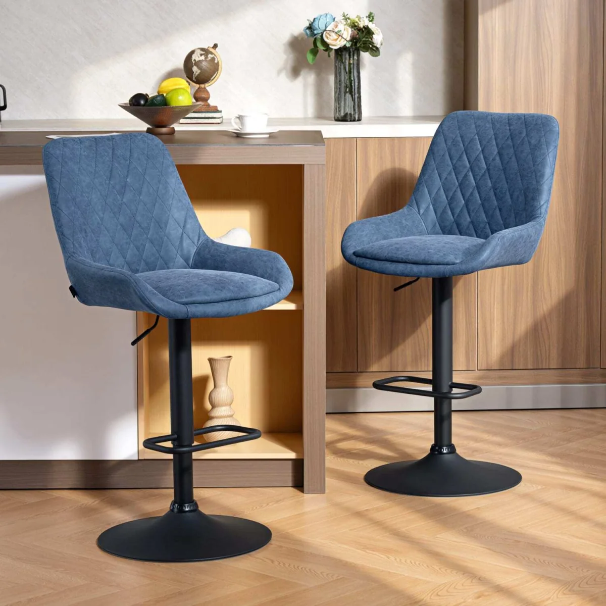 Sekamo Set of 2 Dark Blue Faux Leather Retro Bar Chairs – image 3