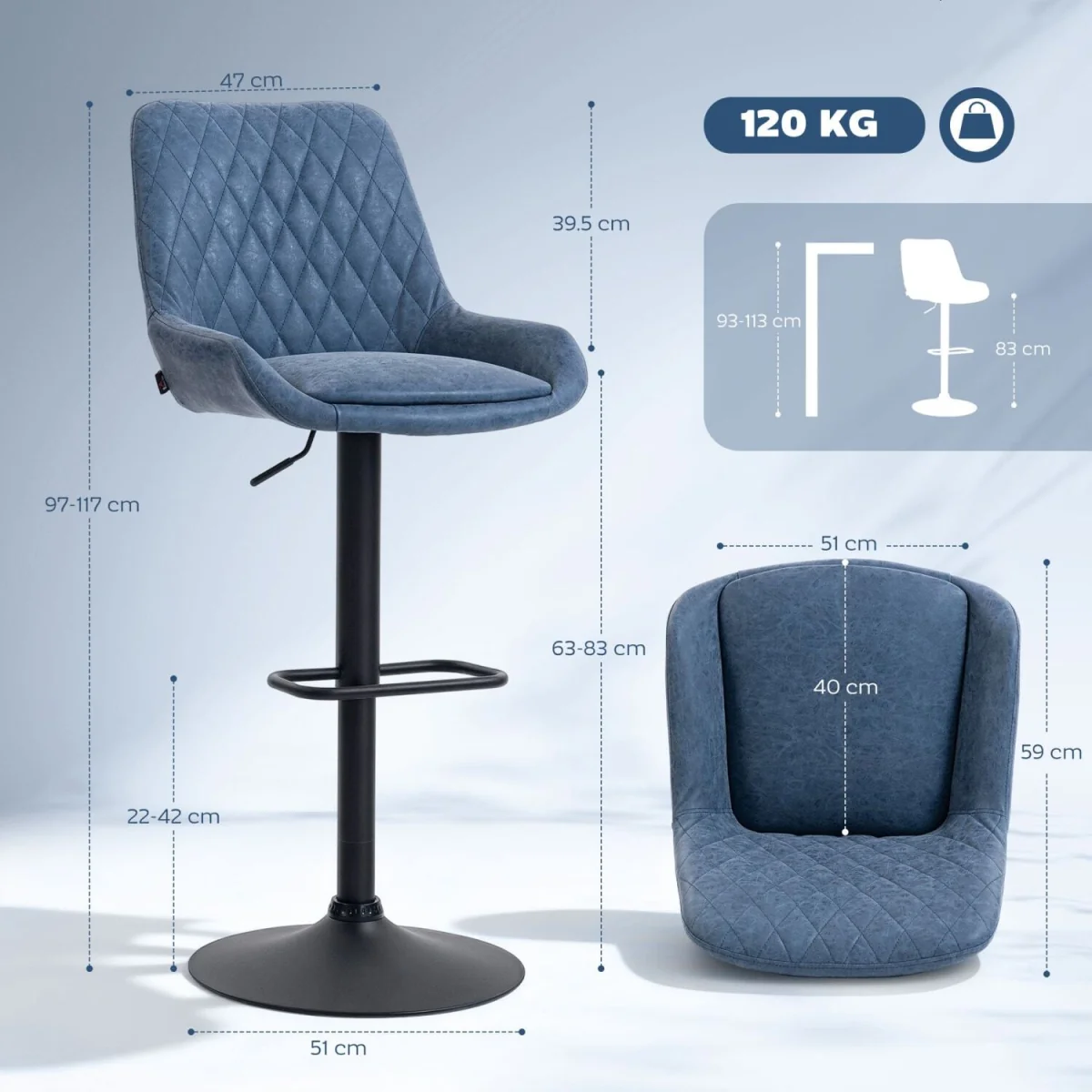 Sekamo Set of 2 Dark Blue Faux Leather Retro Bar Chairs – image 4