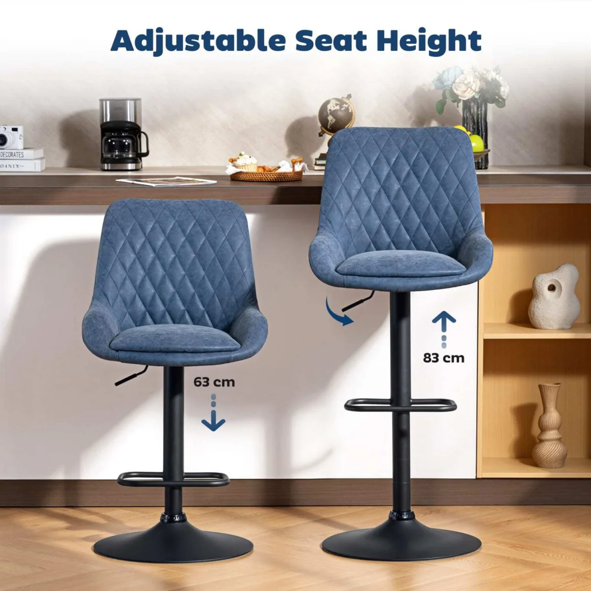 Sekamo Set of 2 Dark Blue Faux Leather Retro Bar Chairs – image 5