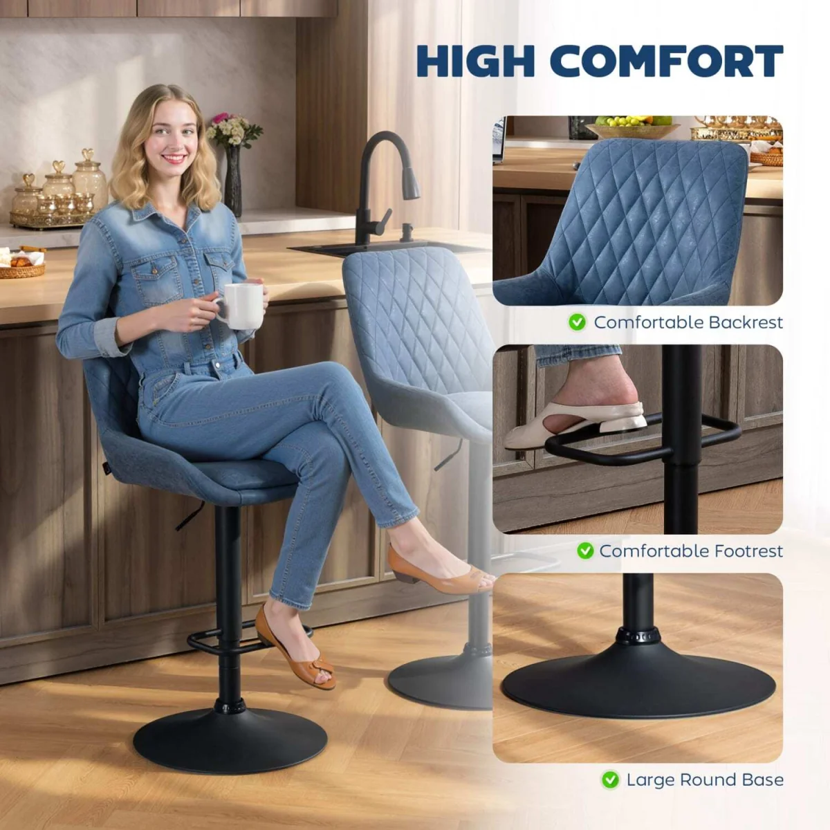 Sekamo Set of 2 Dark Blue Faux Leather Retro Bar Chairs – image 8