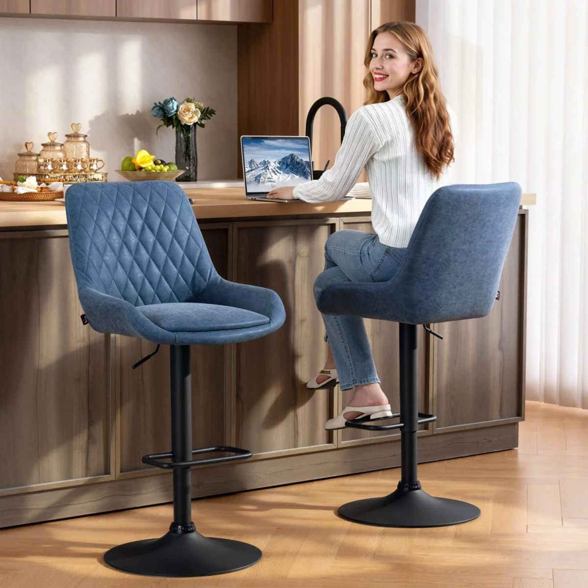 Sekamo Set of 2 Dark Blue Faux Leather Retro Bar Chairs – image 9