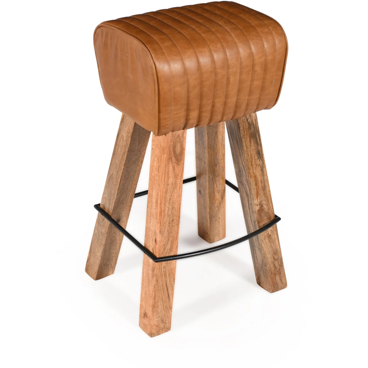 Industrial Bar Stool with Genuine Tan Brown Leather Seat - Brown – image 3