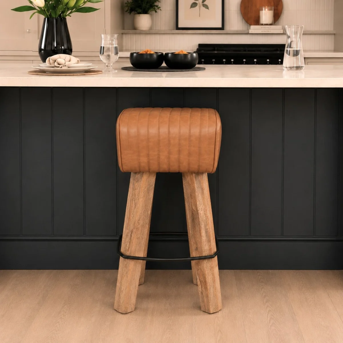 Industrial Bar Stool with Genuine Tan Brown Leather Seat - Brown – image 1