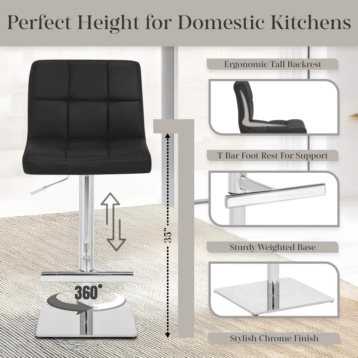 Allegro Deluxe Kitchen Bar Stool, Adjustable Swivel, Chrome Footrest & Weighted Base, White - Sage Green – image 9