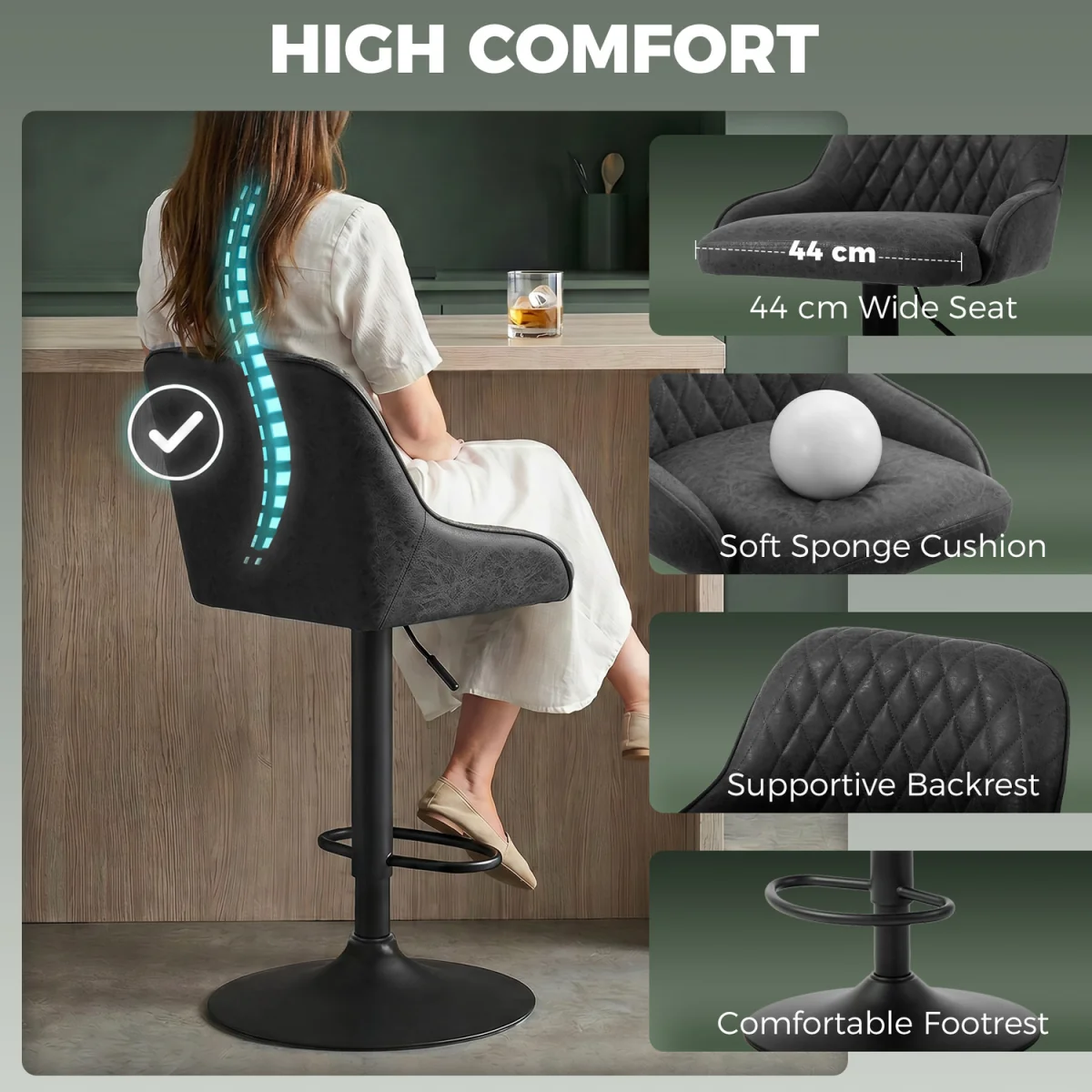 HOMCOM Bar Stools Set of 2 Adjustable Swivel Counter Height Black - Black – image 7