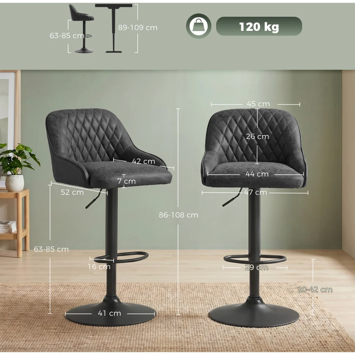 HOMCOM Bar Stools Set of 2 Adjustable Swivel Counter Height Black - Black – image 8