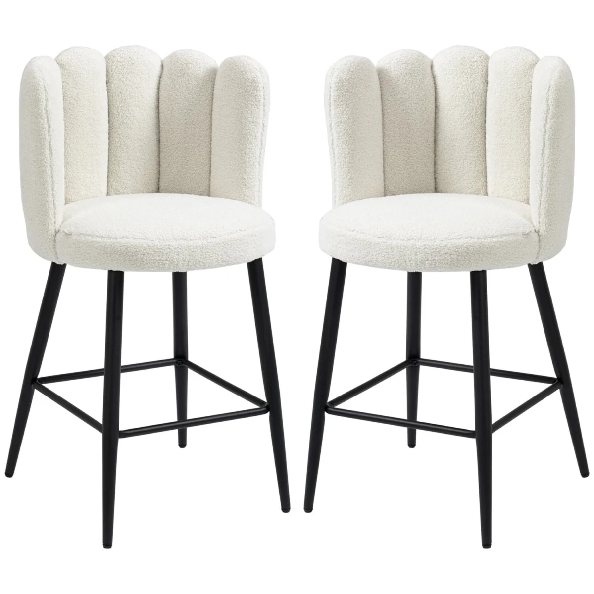 Ettine Scallop Boucle Cream Upholstered Bar Stools Set of 2 with Steel Base and Footrest – image 3