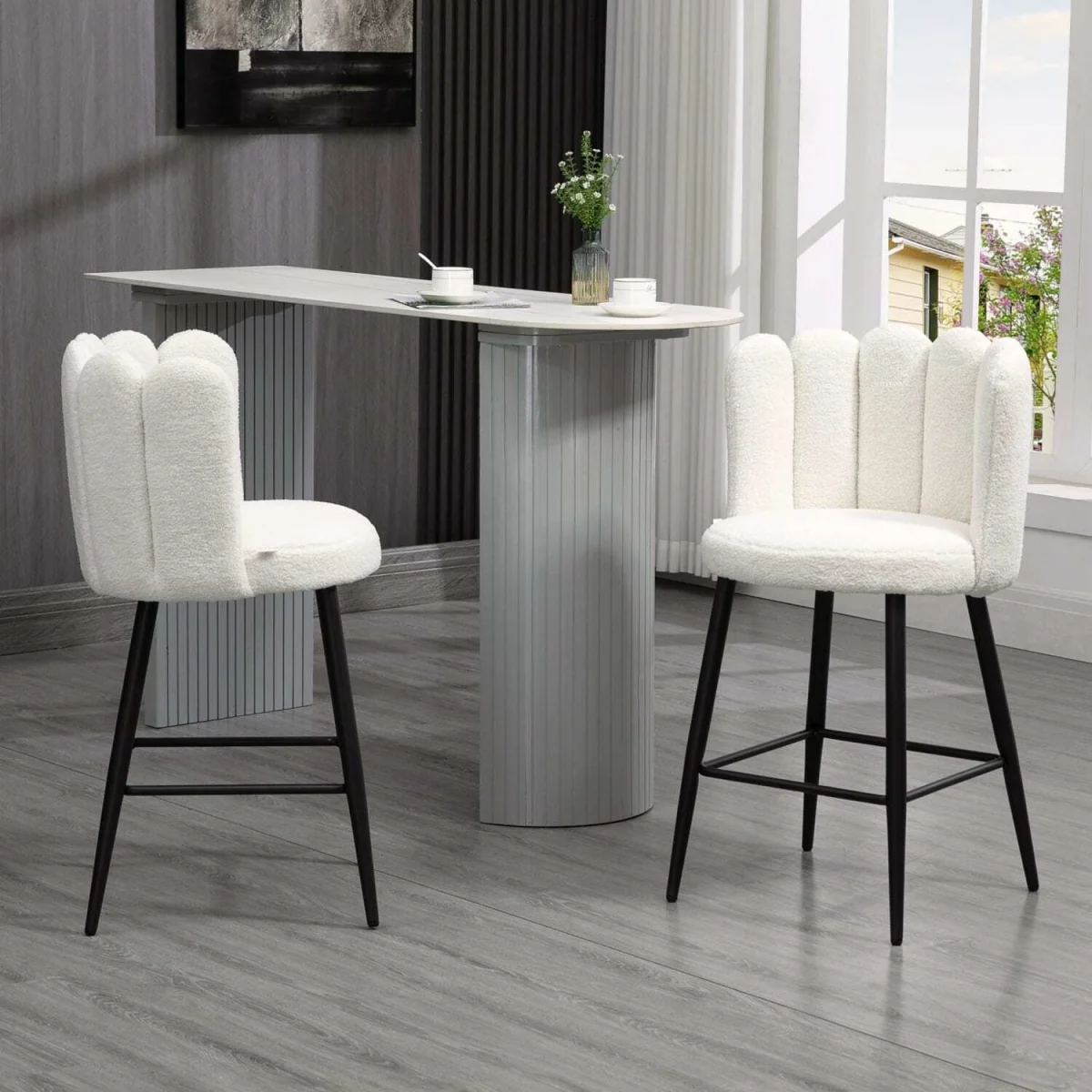 Ettine Scallop Boucle Cream Upholstered Bar Stools Set of 2 with Steel Base and Footrest – image 4