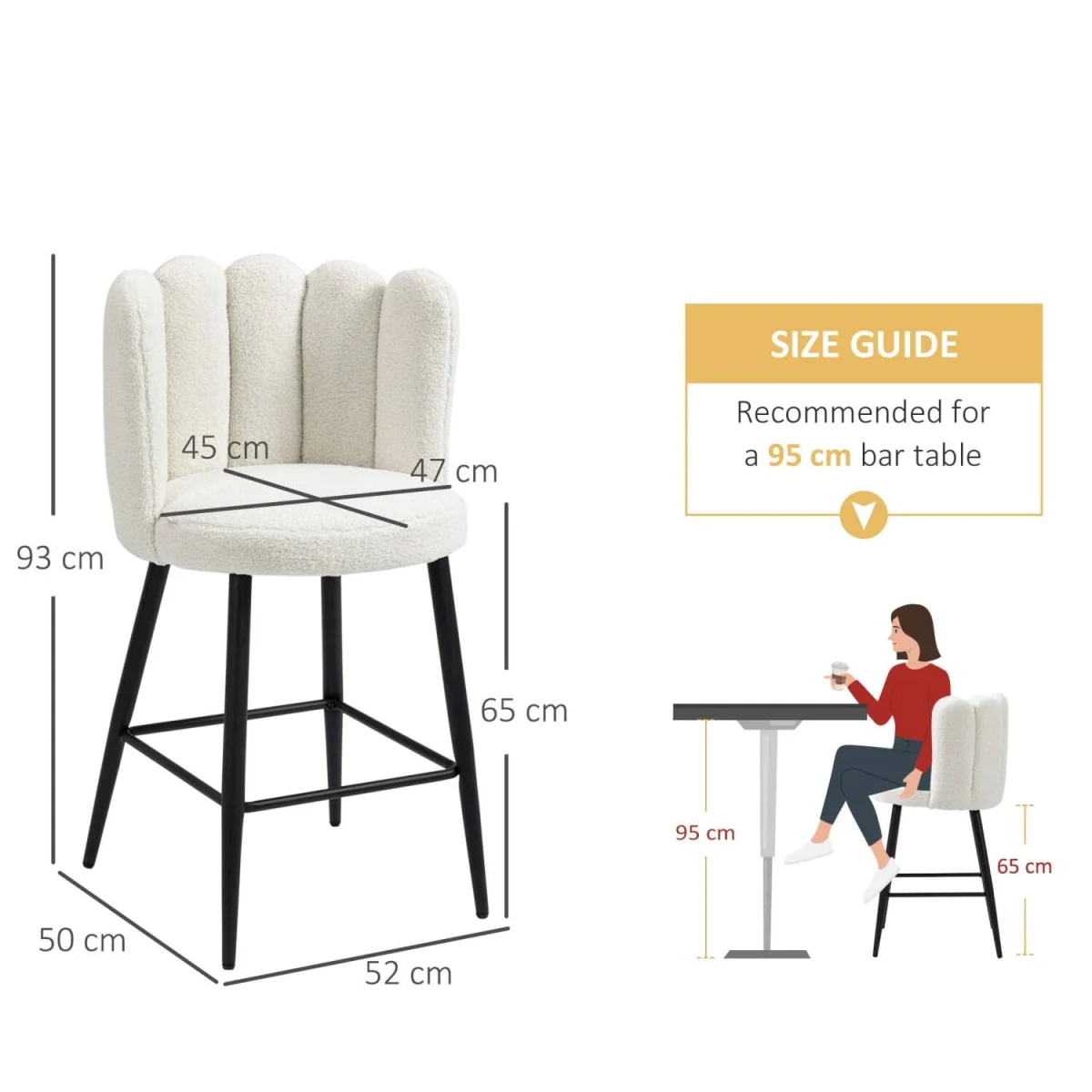 Ettine Scallop Boucle Cream Upholstered Bar Stools Set of 2 with Steel Base and Footrest – image 5