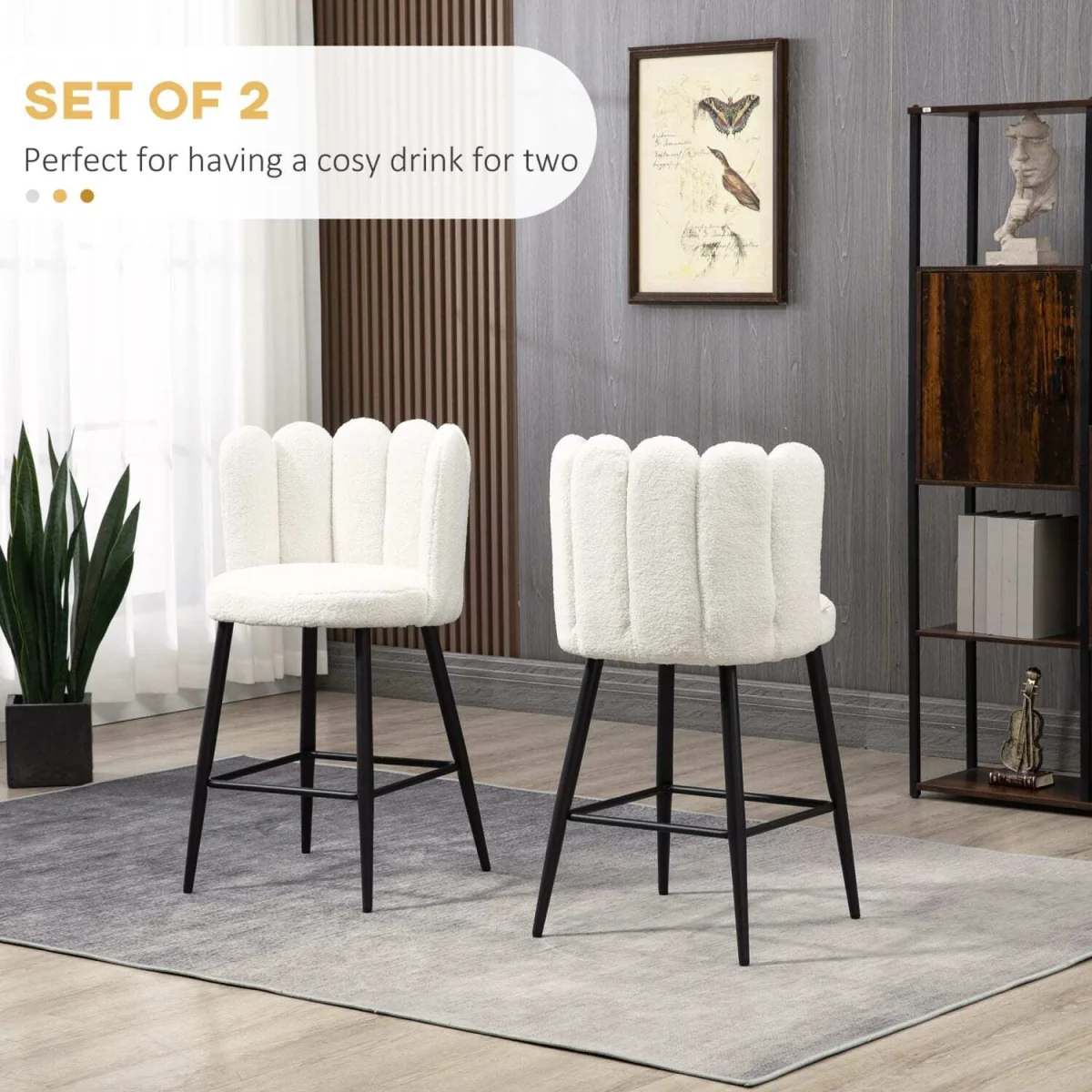 Ettine Scallop Boucle Cream Upholstered Bar Stools Set of 2 with Steel Base and Footrest – image 6