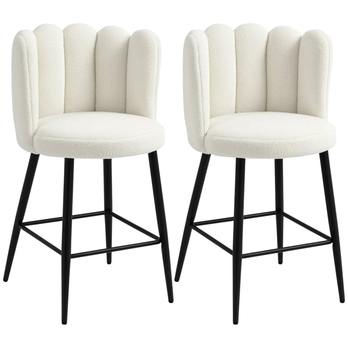 Ettine Scallop Boucle Cream Upholstered Bar Stools Set of 2 with Steel Base and Footrest – image 10