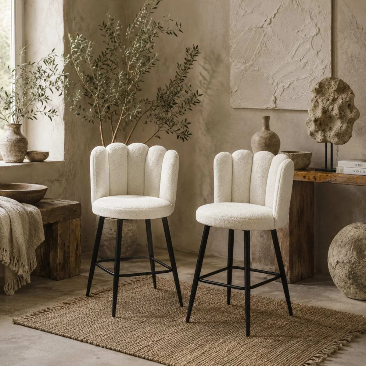 Ettine Scallop Boucle Cream Upholstered Bar Stools Set of 2 with Steel Base and Footrest – image 1