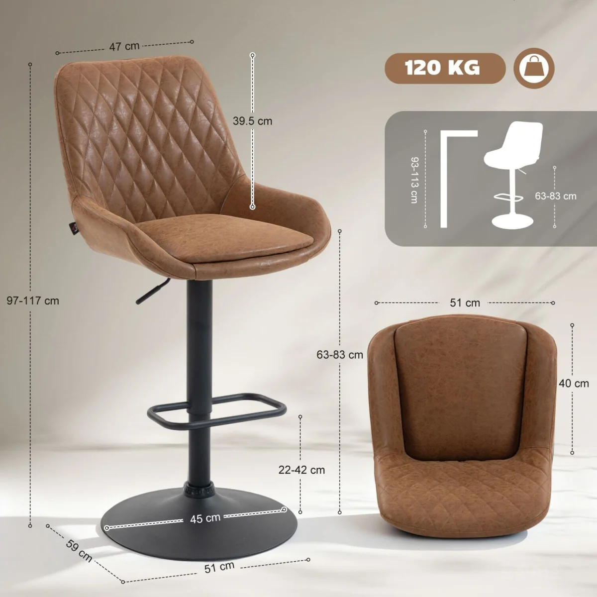Elel Sake Set of 2 Tan Faux Leather Retro Style Bar Stools – image 4