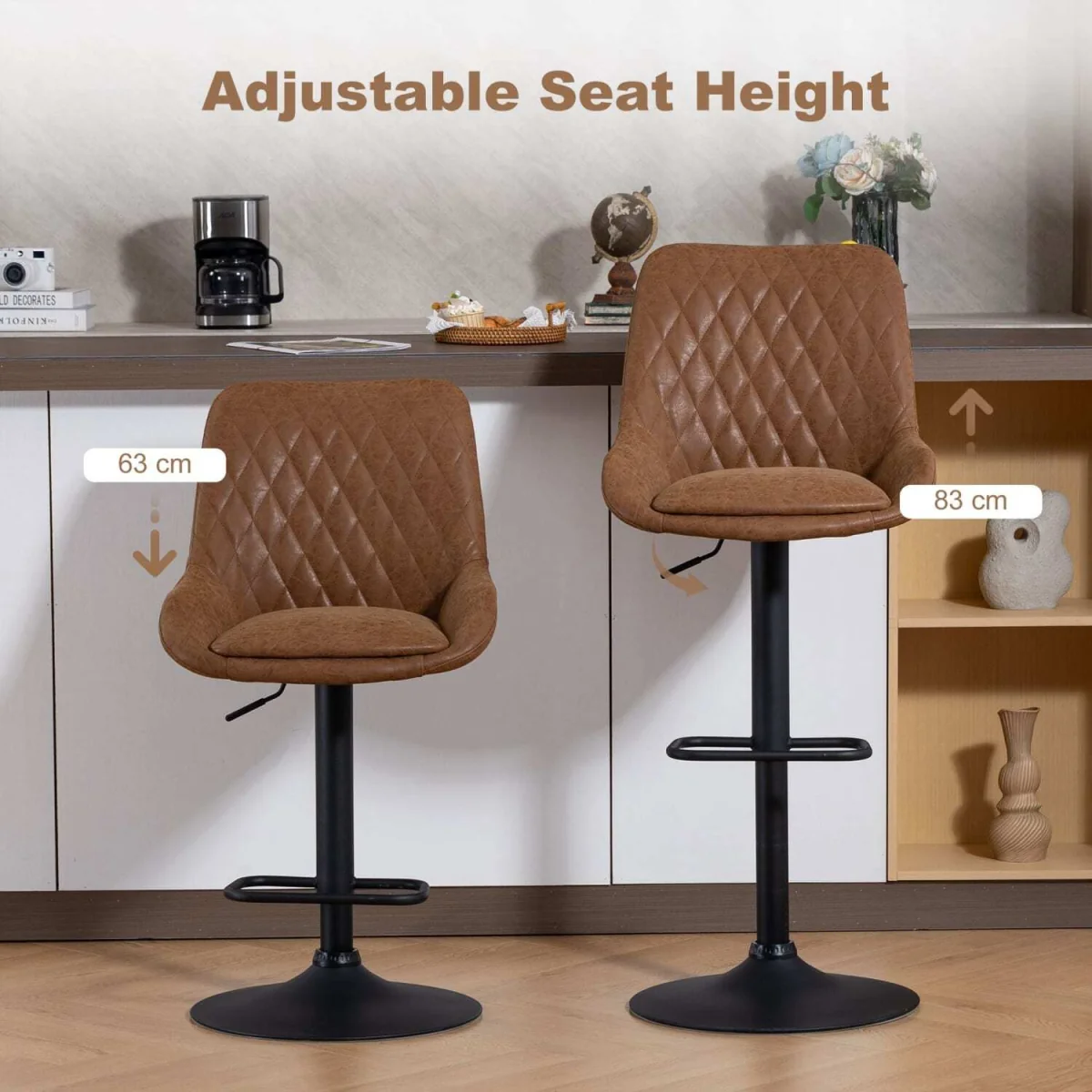 Elel Sake Set of 2 Tan Faux Leather Retro Style Bar Stools – image 5