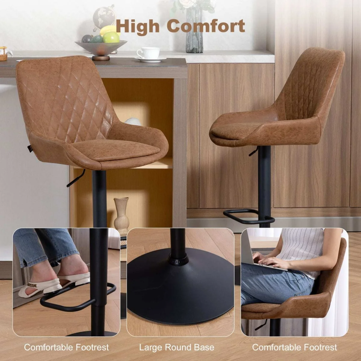 Elel Sake Set of 2 Tan Faux Leather Retro Style Bar Stools – image 8
