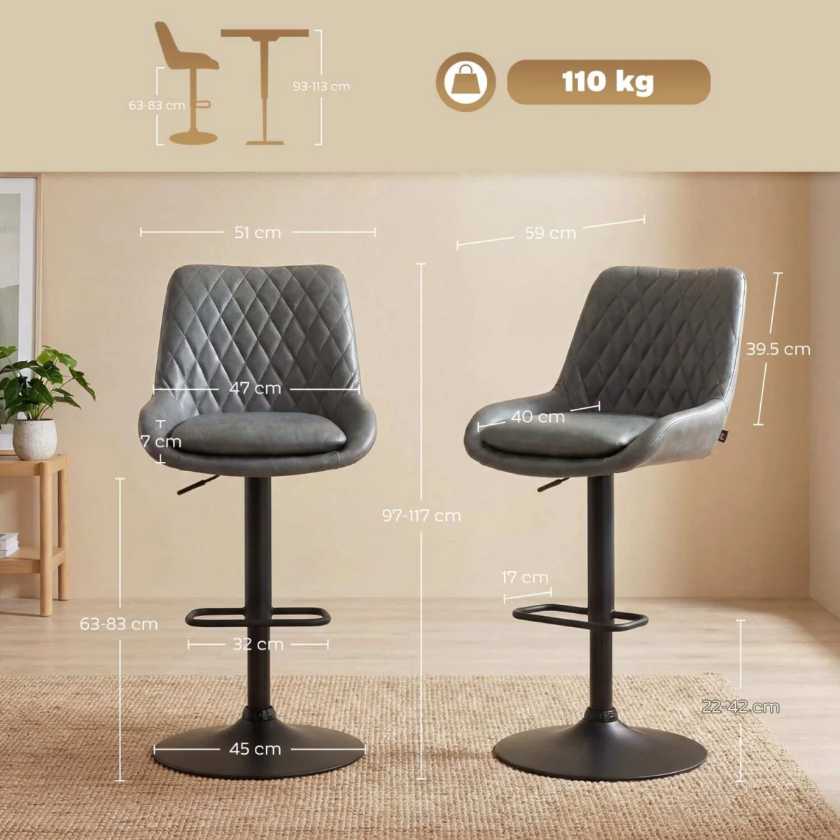 Lokasa Dark Grey Adjustable Retro Bar Stools Set of 2 with Swivel Seats – image 4