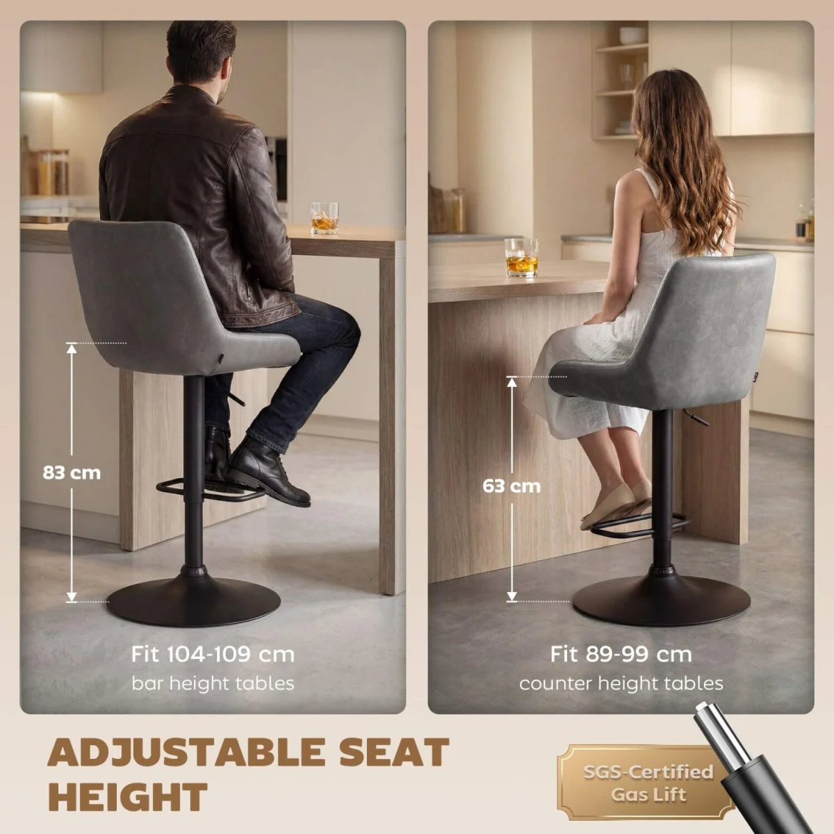 Lokasa Dark Grey Adjustable Retro Bar Stools Set of 2 with Swivel Seats – image 5