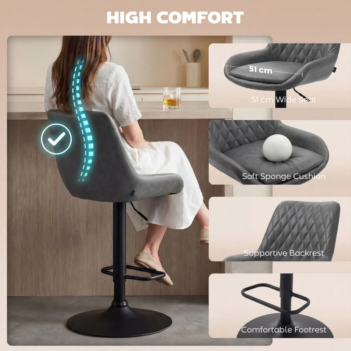 Lokasa Dark Grey Adjustable Retro Bar Stools Set of 2 with Swivel Seats – image 8
