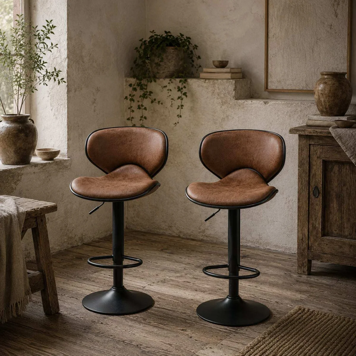 Bama Microfiber Brown Adjustable Swivel Bar Stools Set of 2. – image 1