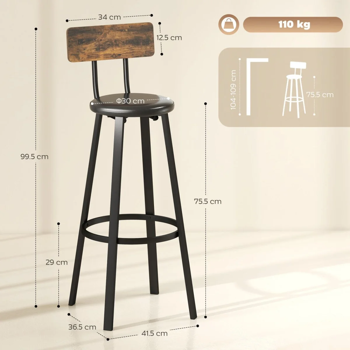 Namto Set of 2 Brown and Black Industrial Steel Frame Bar Stools. – image 4