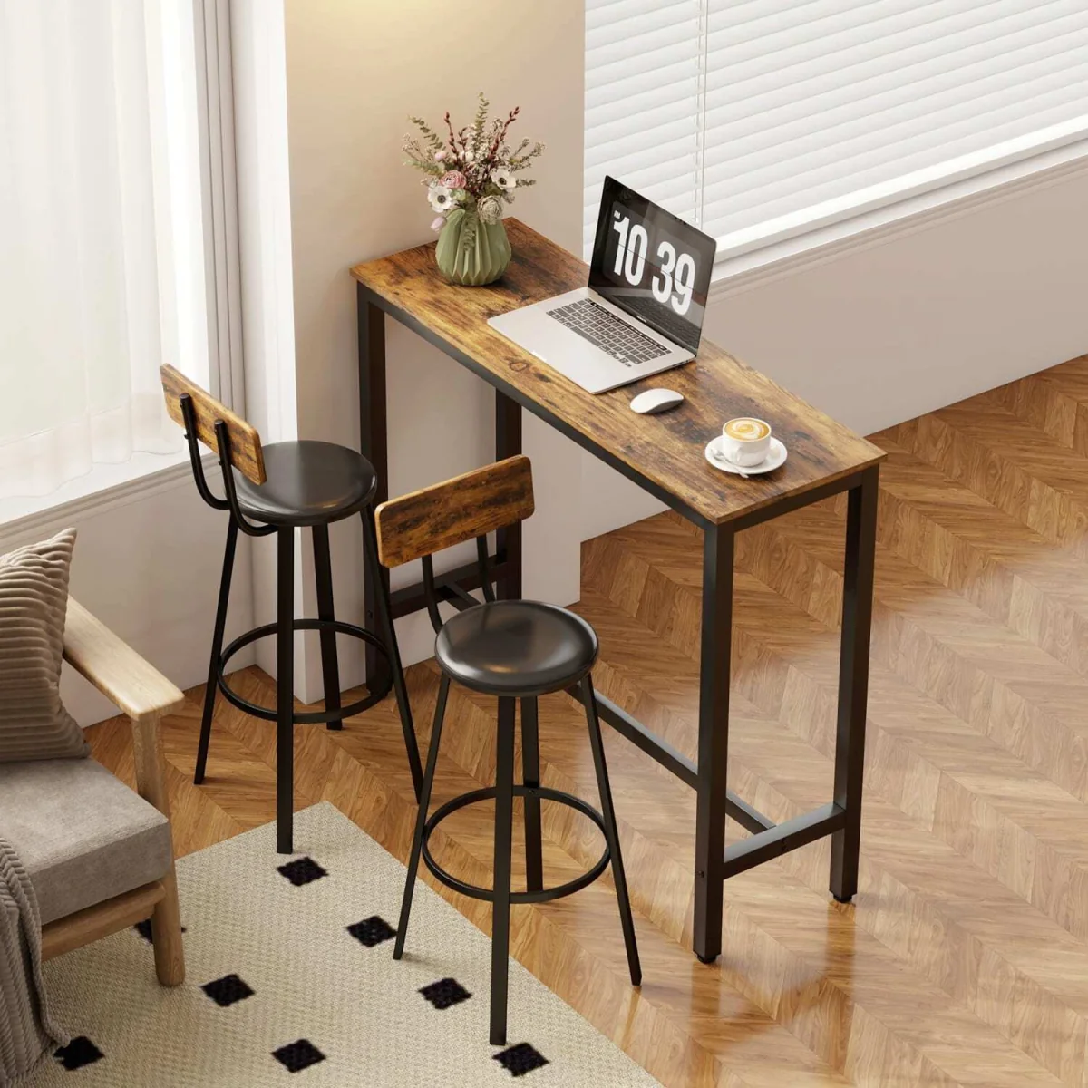 Namto Set of 2 Brown and Black Industrial Steel Frame Bar Stools. – image 9