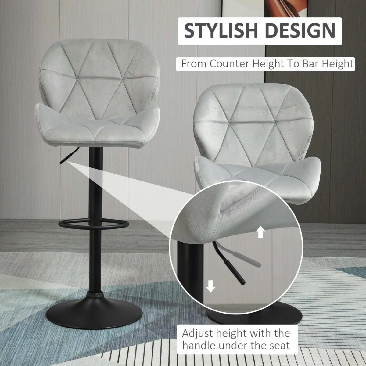 Cotodo Set of 2 Light Grey Upholstered Adjustable Swivel Bar Stools with Back Support – image 6