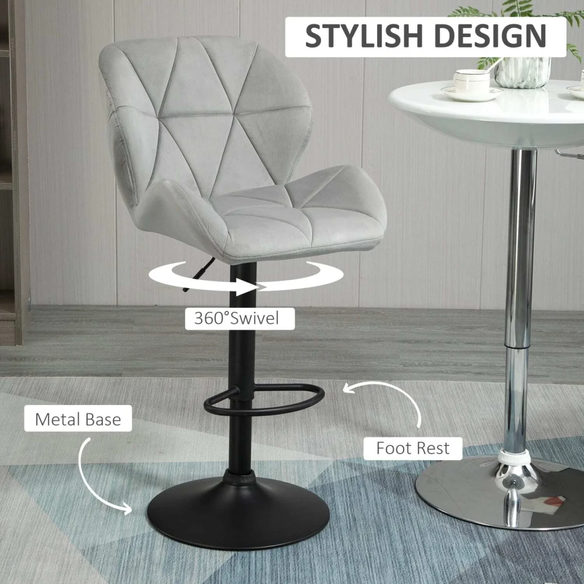 Cotodo Set of 2 Light Grey Upholstered Adjustable Swivel Bar Stools with Back Support – image 7