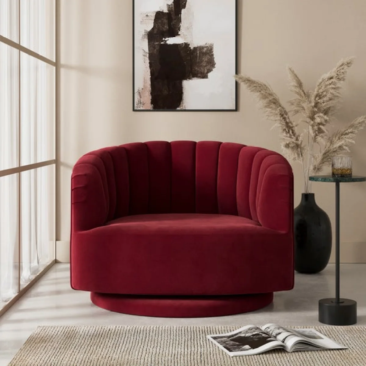 Elena Velvet Scalloped Swivel Chair – image 1