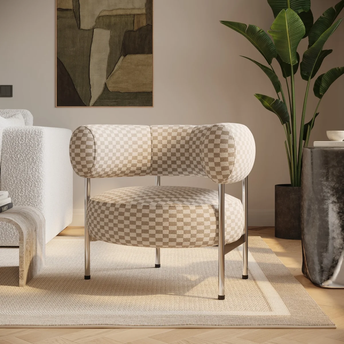 Beige Checkerboard Curved Armchair - Romy – image 2