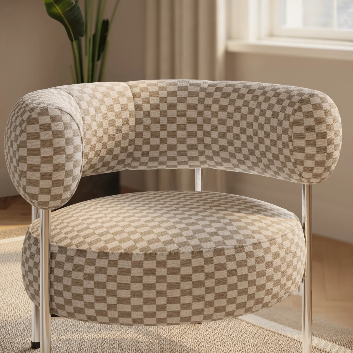 Beige Checkerboard Curved Armchair - Romy – image 3