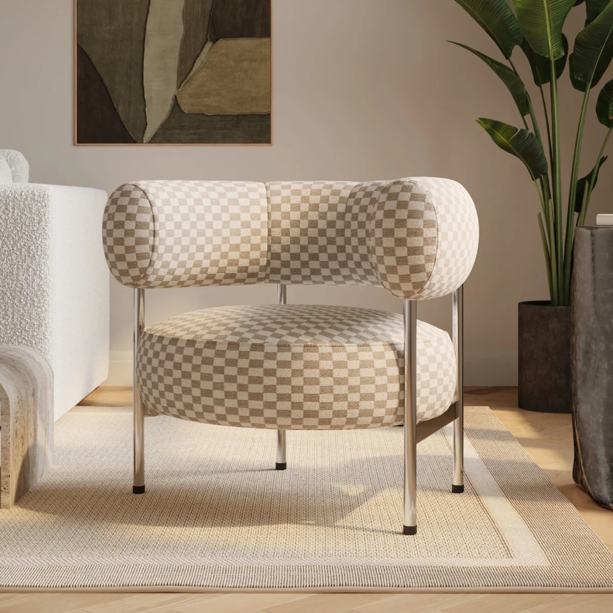 Beige Checkerboard Curved Armchair - Romy – image 1
