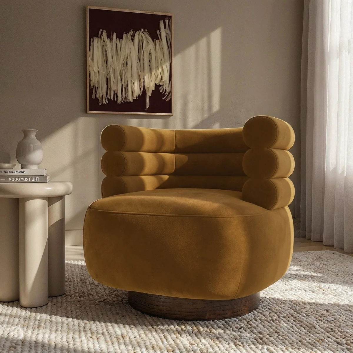 Caramel Brown Velvet Modern Swivel Armchair - Zora – image 2