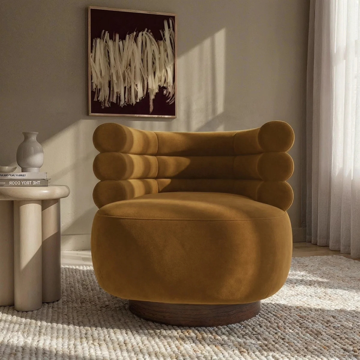Caramel Brown Velvet Modern Swivel Armchair - Zora – image 1