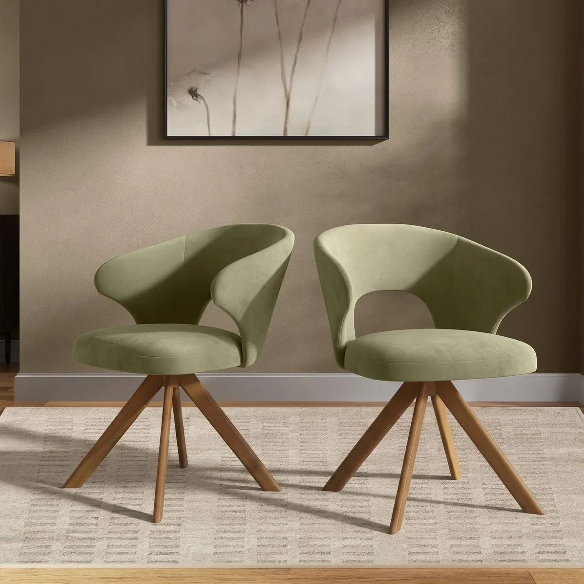 Set of 2 Sage Green Velvet Swivel Dining Chairs with Oak Legs - Mila – image 1