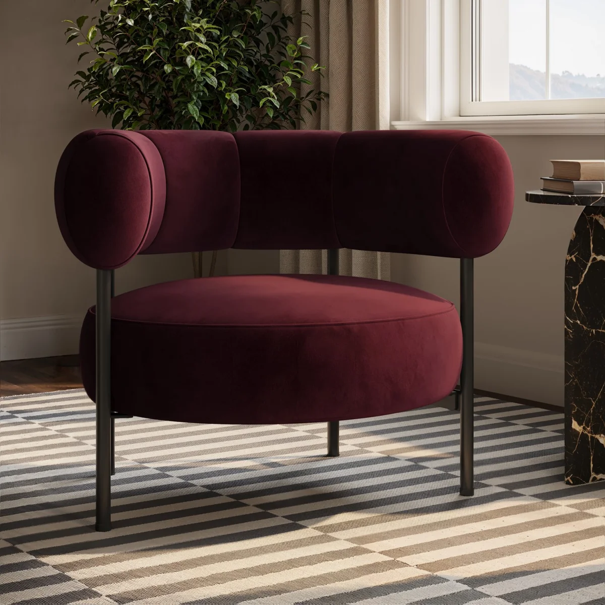 Burgundy Velvet Curved Armchair - Romy – image 1