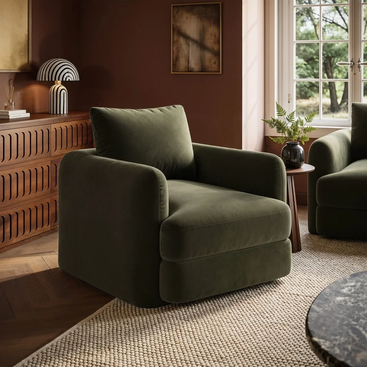 Khaki Green Velvet Armchair - Sade – image 1