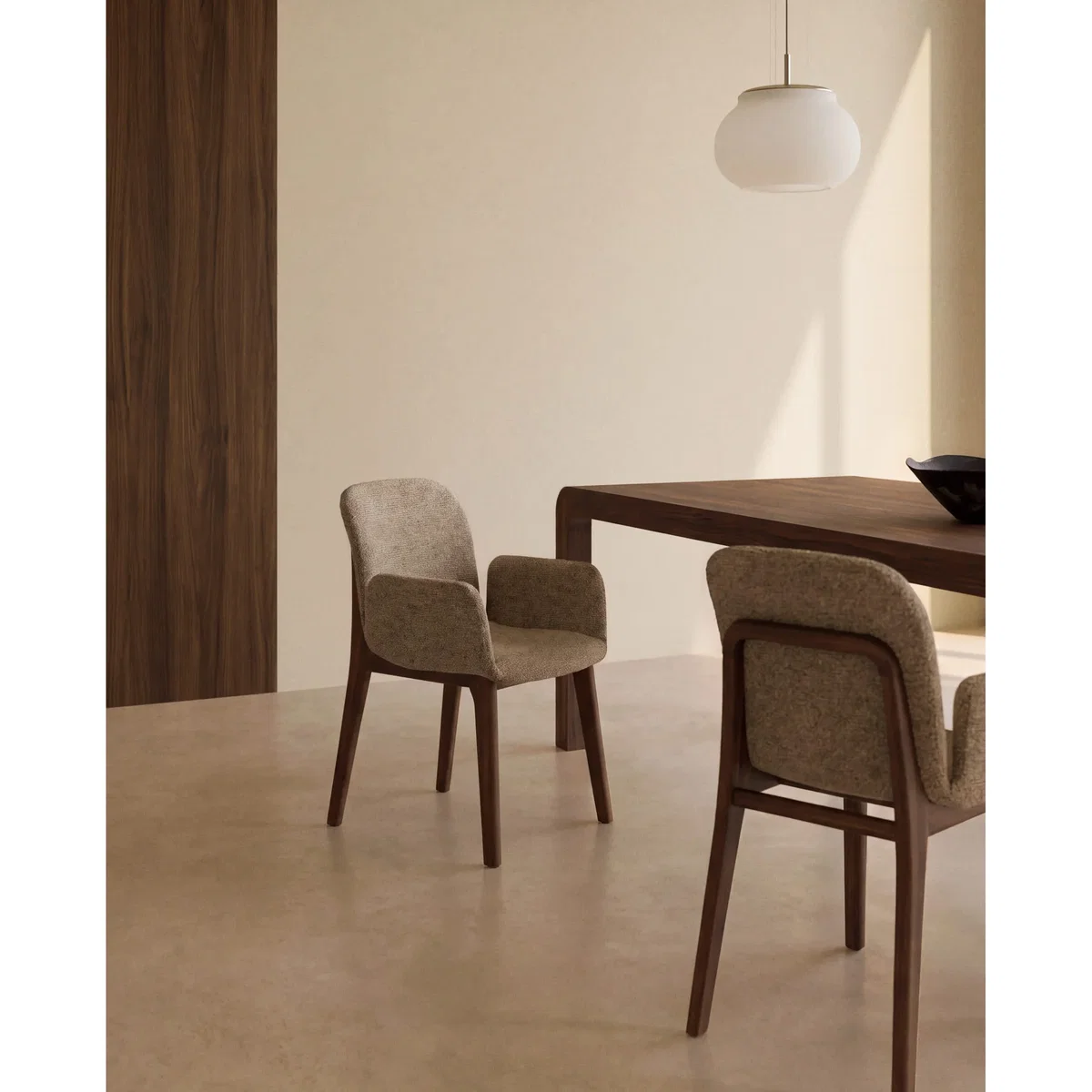 Elnor flame-retardant chair with armrests in brown chenille with solid oak wood legs in a walnut finish – image 2