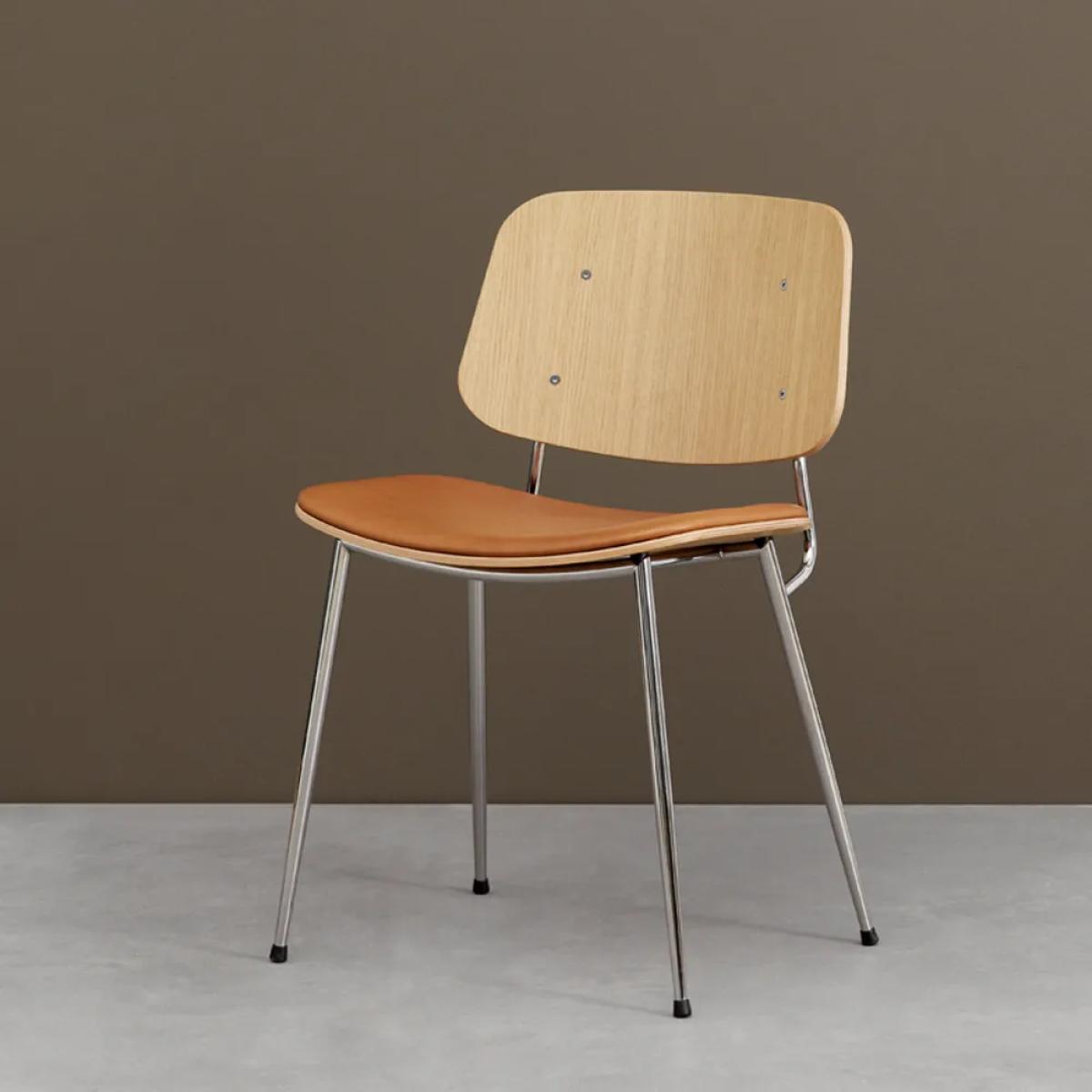 Fredericia Furniture Søborg 3061 metal chair upholstered seat Omni leather cognac-chrome frame – image 3