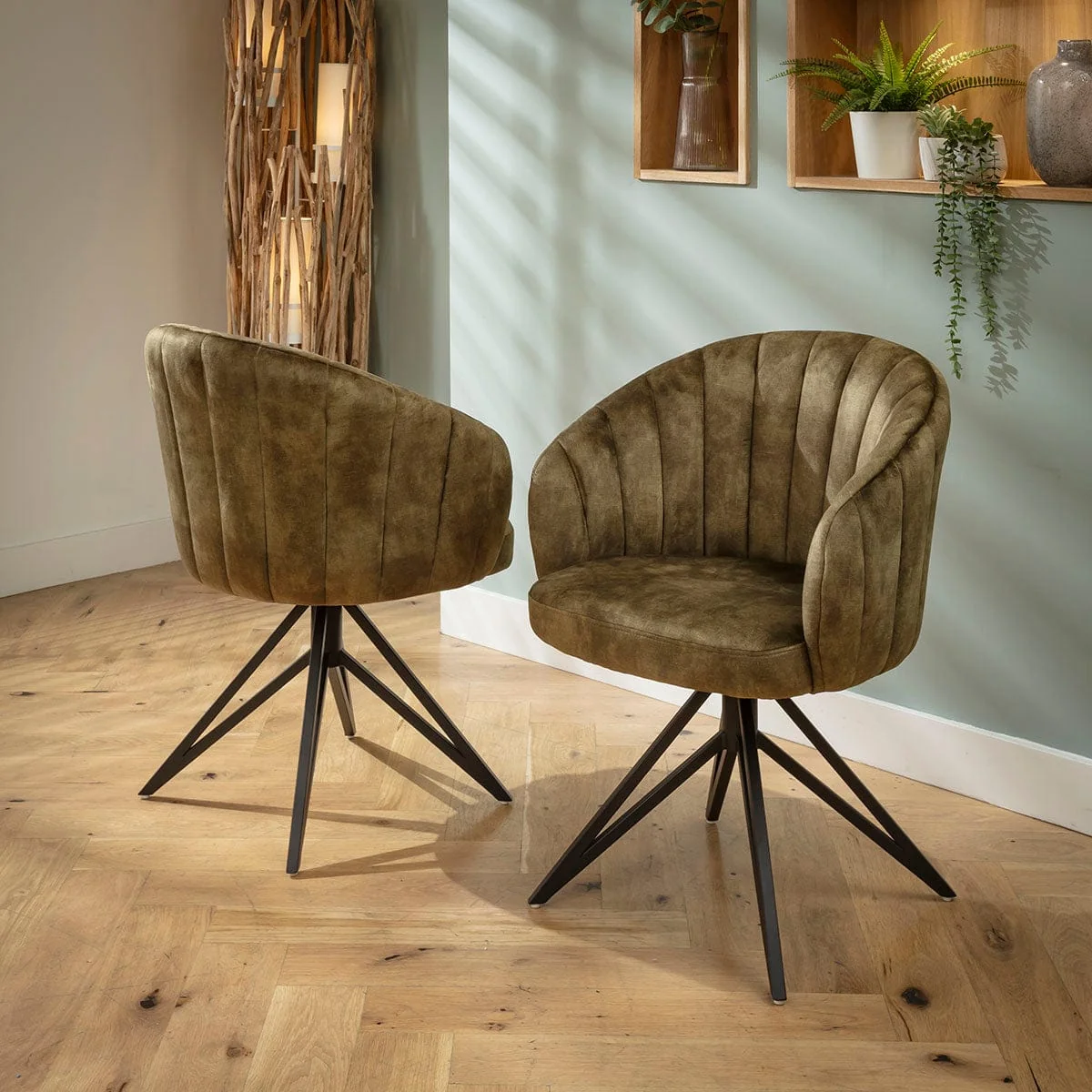 Set of 4 Modern Kitchen Swivel Dining Chairs with Arms Green Velvet – image 2