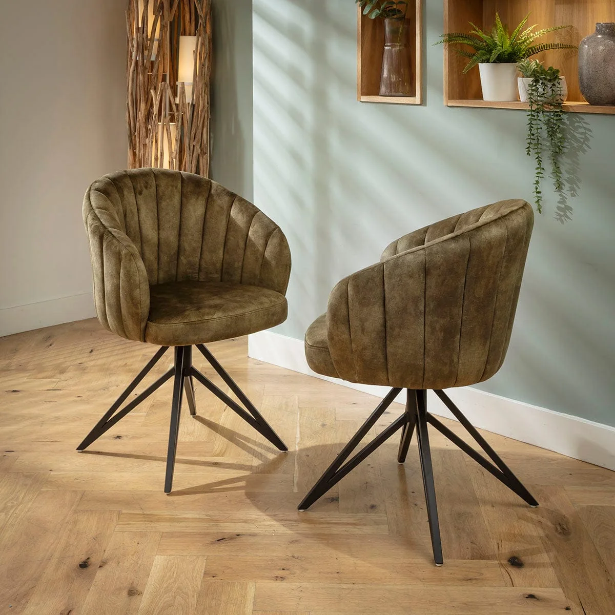 Set of 4 Modern Kitchen Swivel Dining Chairs with Arms Green Velvet – image 3