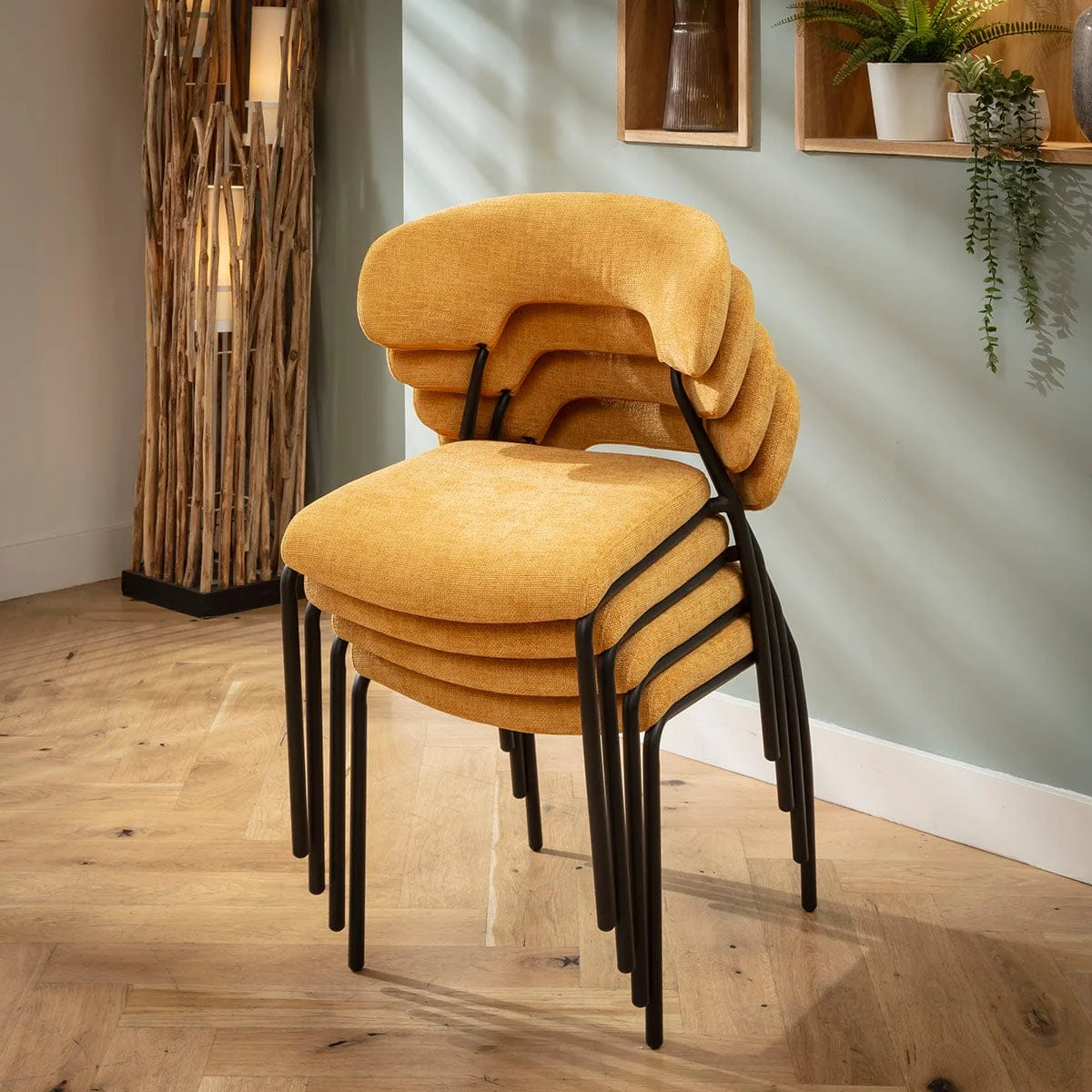 Set of 4 Modern Scandi Kitchen Dining Room Chairs Yellow Gold Fabric – image 5