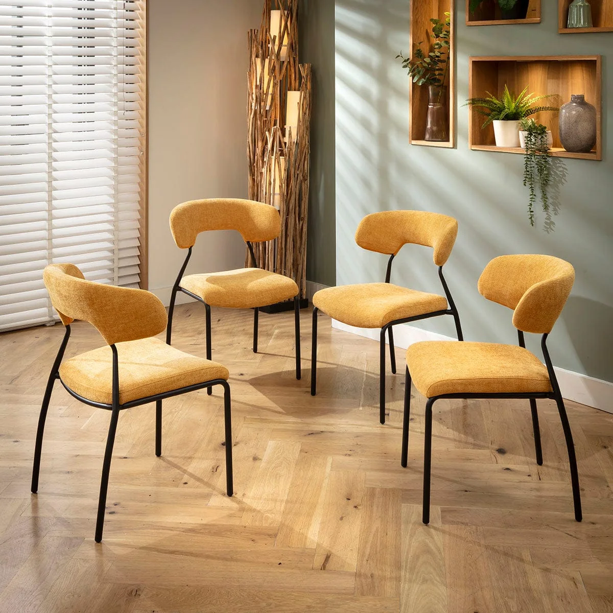 Set of 4 Modern Scandi Kitchen Dining Room Chairs Yellow Gold Fabric – image 1