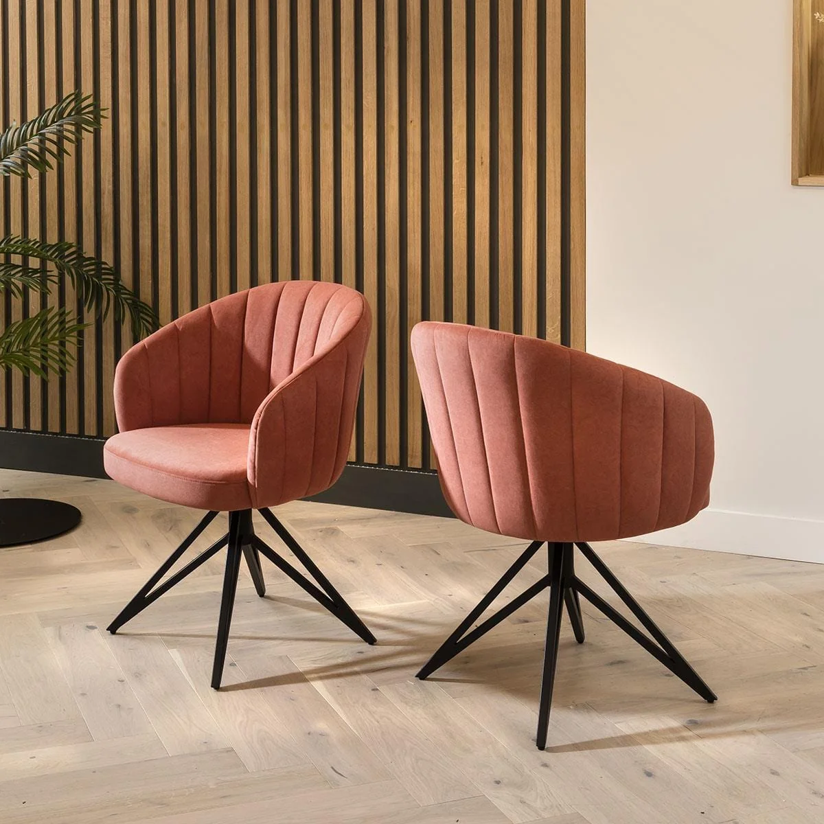 Set of 2 Modern Carver Dining Chairs Unique Pink Fabric Swivel Base – image 3